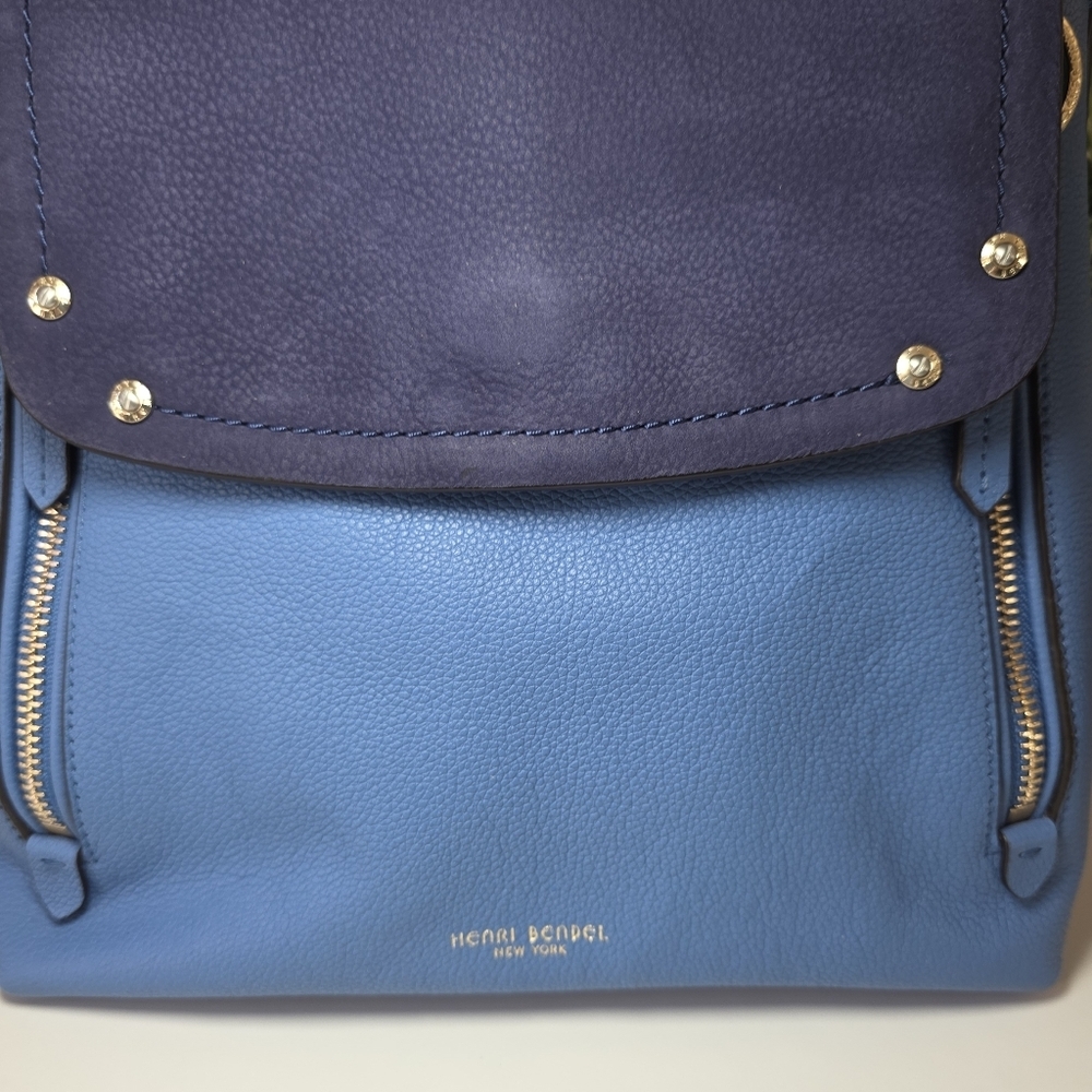 Henri Bendel Convertable Backpack In Pebble Grain Leather Periwinkle-Navy Suede - Picture 7 of 14